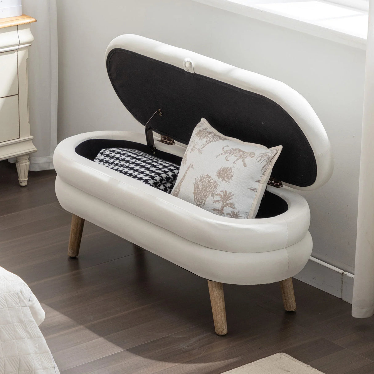 Velvet Fabric Storage Bench With Wood Legs - Furniture Home Direct