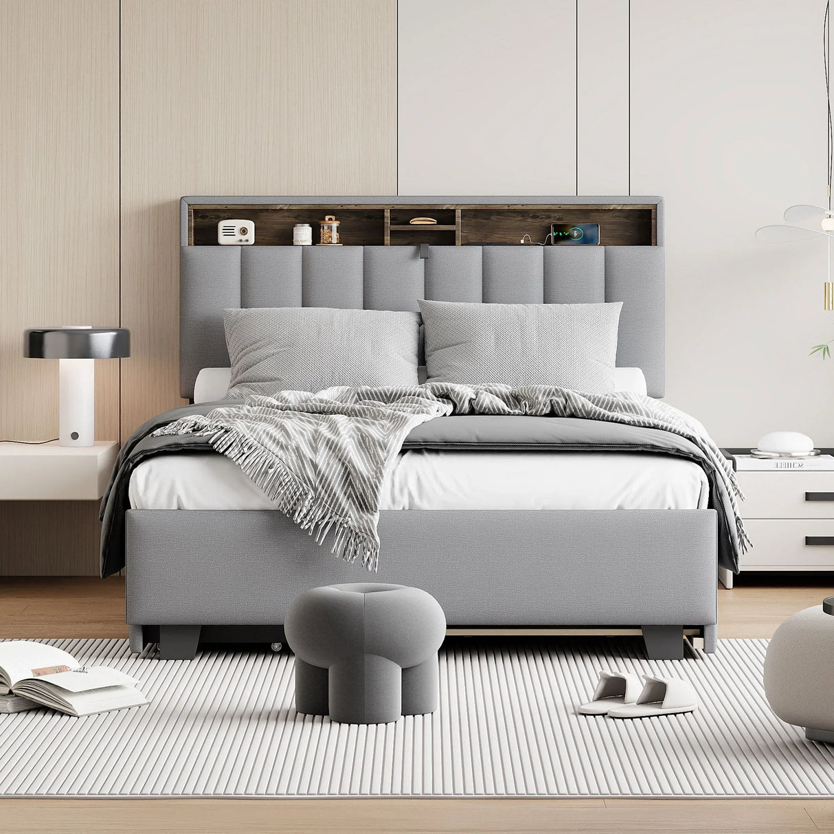 Upholstered Platform Bed With Storage Headboard, Trundle & 2 Drawers And A Set Of Sockets & USB Ports - Furniture Home Direct