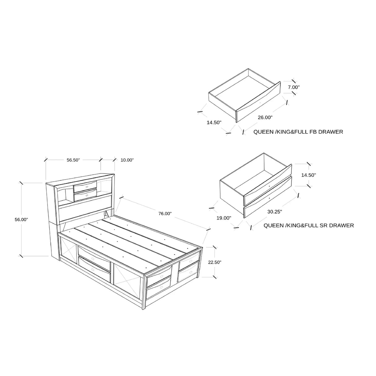 Lucille - 5 Piece Bedroom Set With Storage Drawers And Bookcase Headboard - Furniture Home Direct