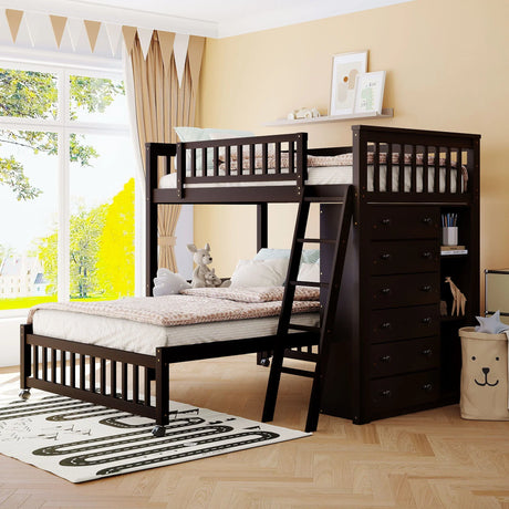 Bunk Bed With 6 Drawers And Flexible Shelves, Bottom Bed With Wheels - Furniture Home Direct