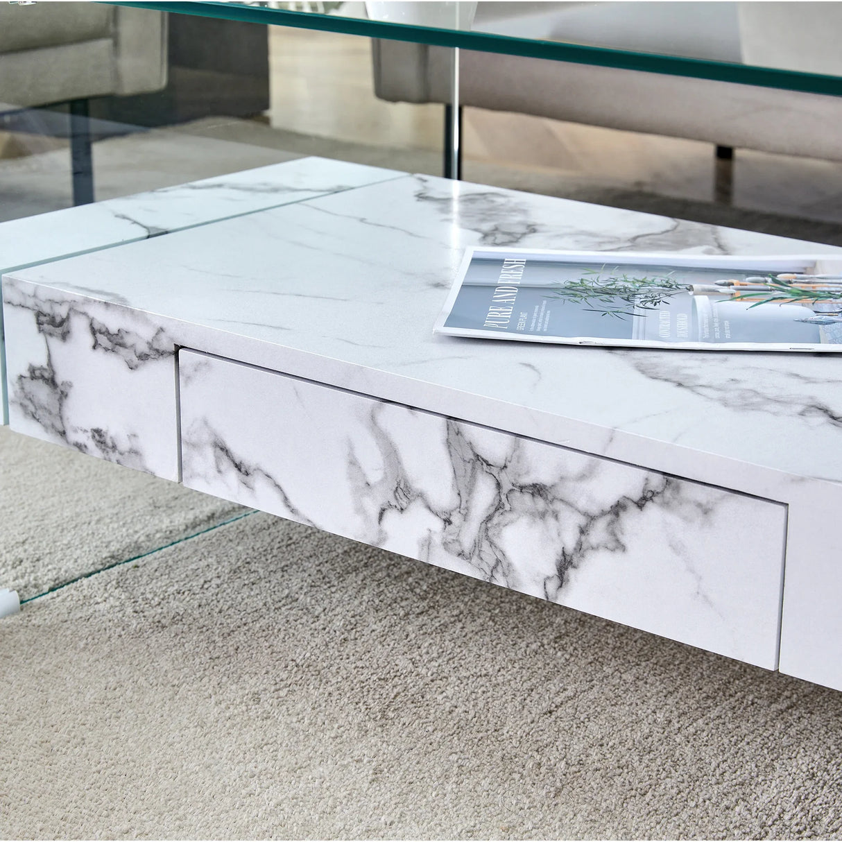 Coffee Table Glass Top Marble Base Modern Style White - Furniture Home Direct