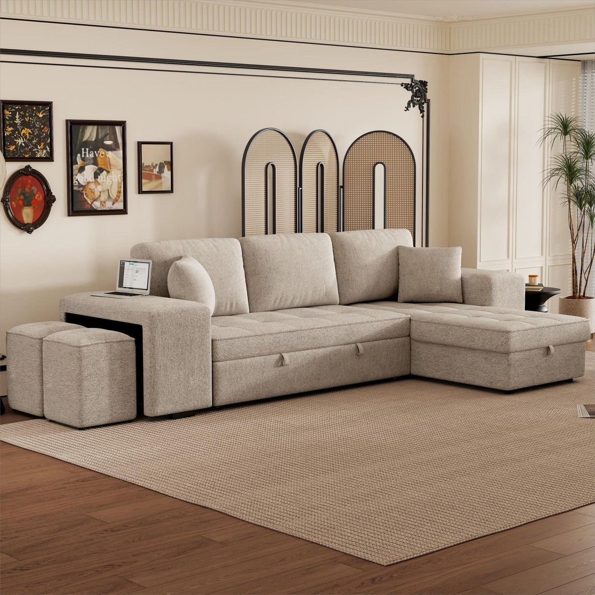 Modern L-Shape 3 Seat Reversible Sectional Couch, Pull Out Sleeper Sofa With Storage Chaise And 2 Stools For Living Room Furniture Set - Furniture Home Direct
