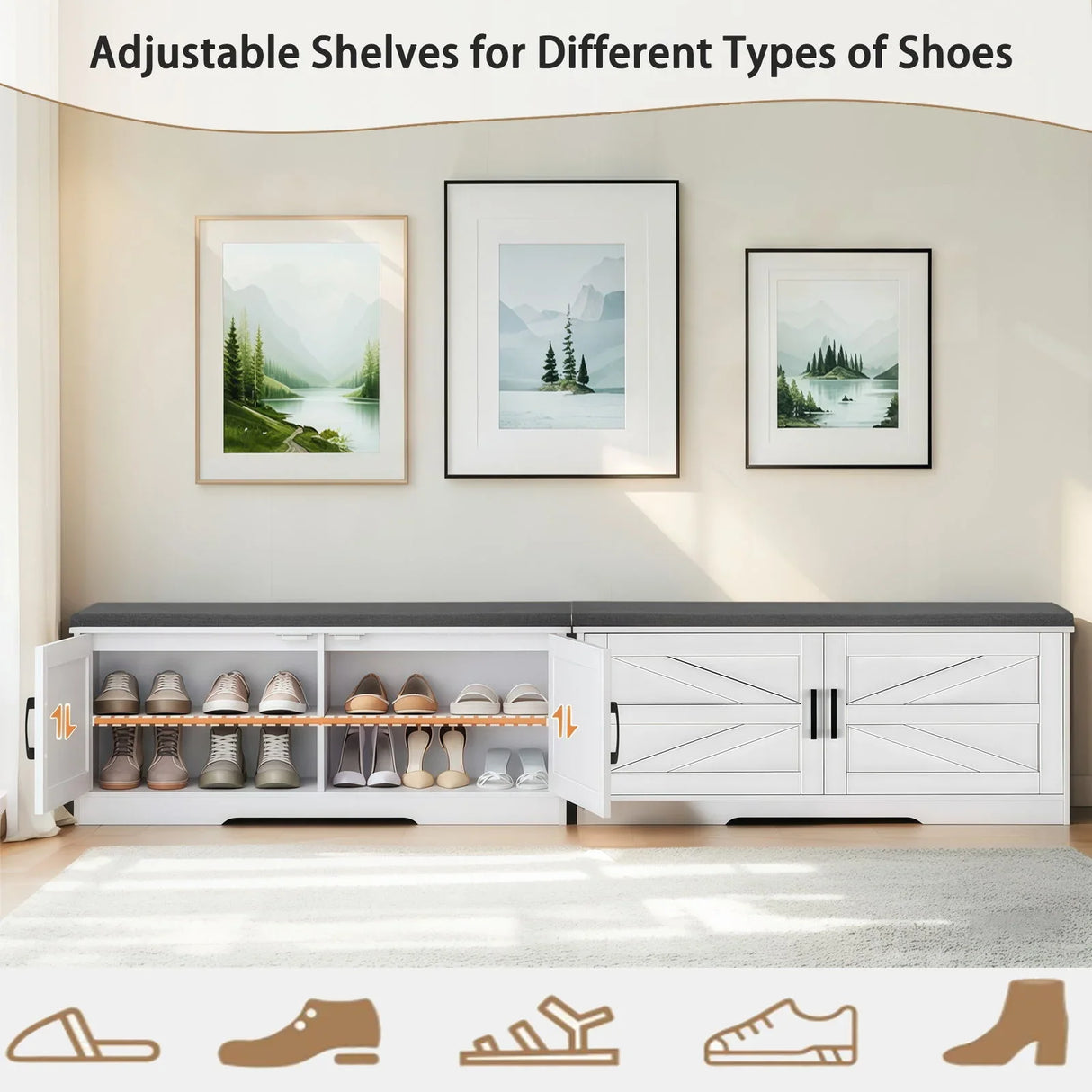 2 Tier Shoe Bench With Padded Seat, 2 Barn Doors And Adjustable Shelves, For Entryway And Living Room - White - Furniture Home Direct
