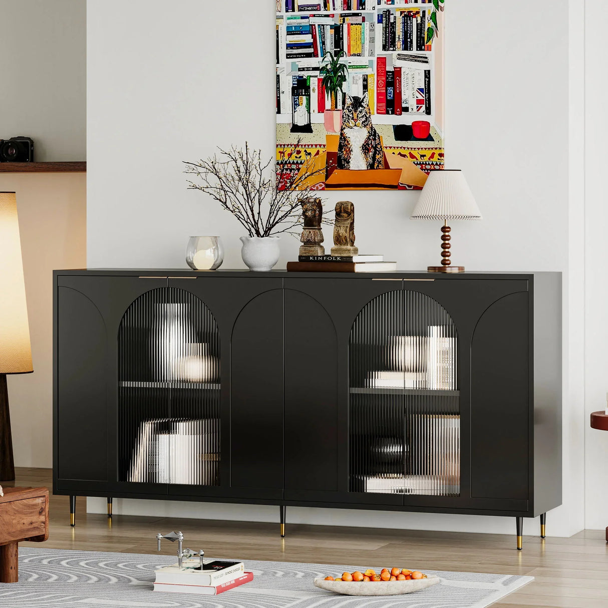 Accent Cabinet Lacquered Wooden Cabinet With 4 Glass Doors Sideboard Buffet Server Cabinet Storage Cabinet, For Living Room, Entryway, Hallway, Office, Kitchen And Dining Room - Furniture Home Direct