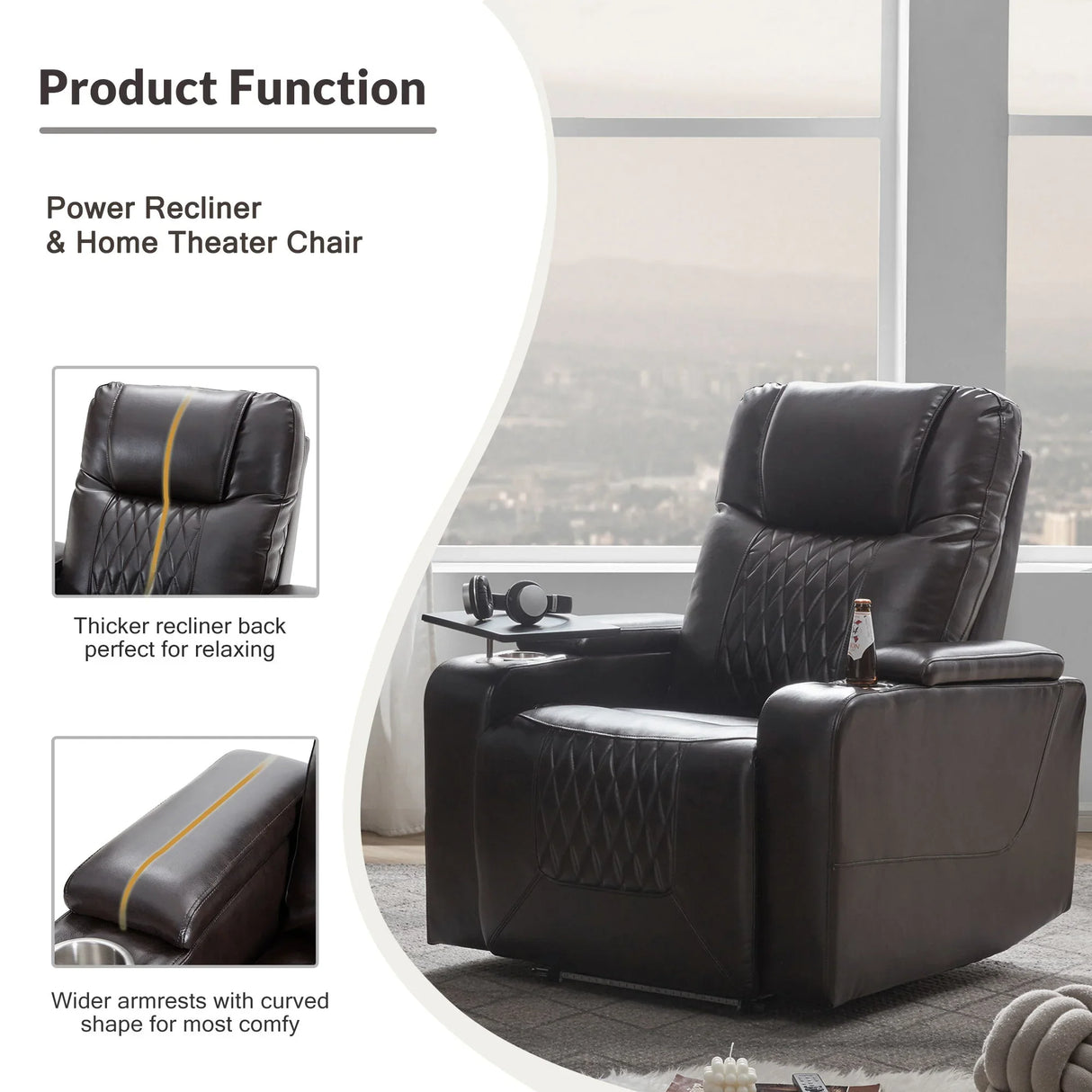 Power Motion Recliner With USB Charging Port And Hidden Arm Storage 2 Convenient Cup Holders Design And 360 Degree Swivel Tray Table - Furniture Home Direct