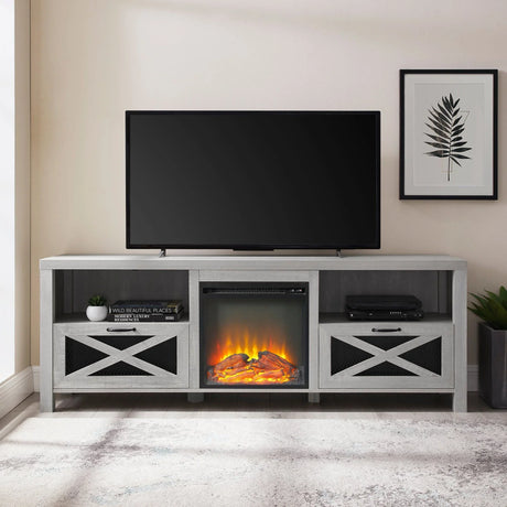 Industrial Farmhouse Metal Mesh Drop Down X Door Fireplace TV Stand - Furniture Home Direct