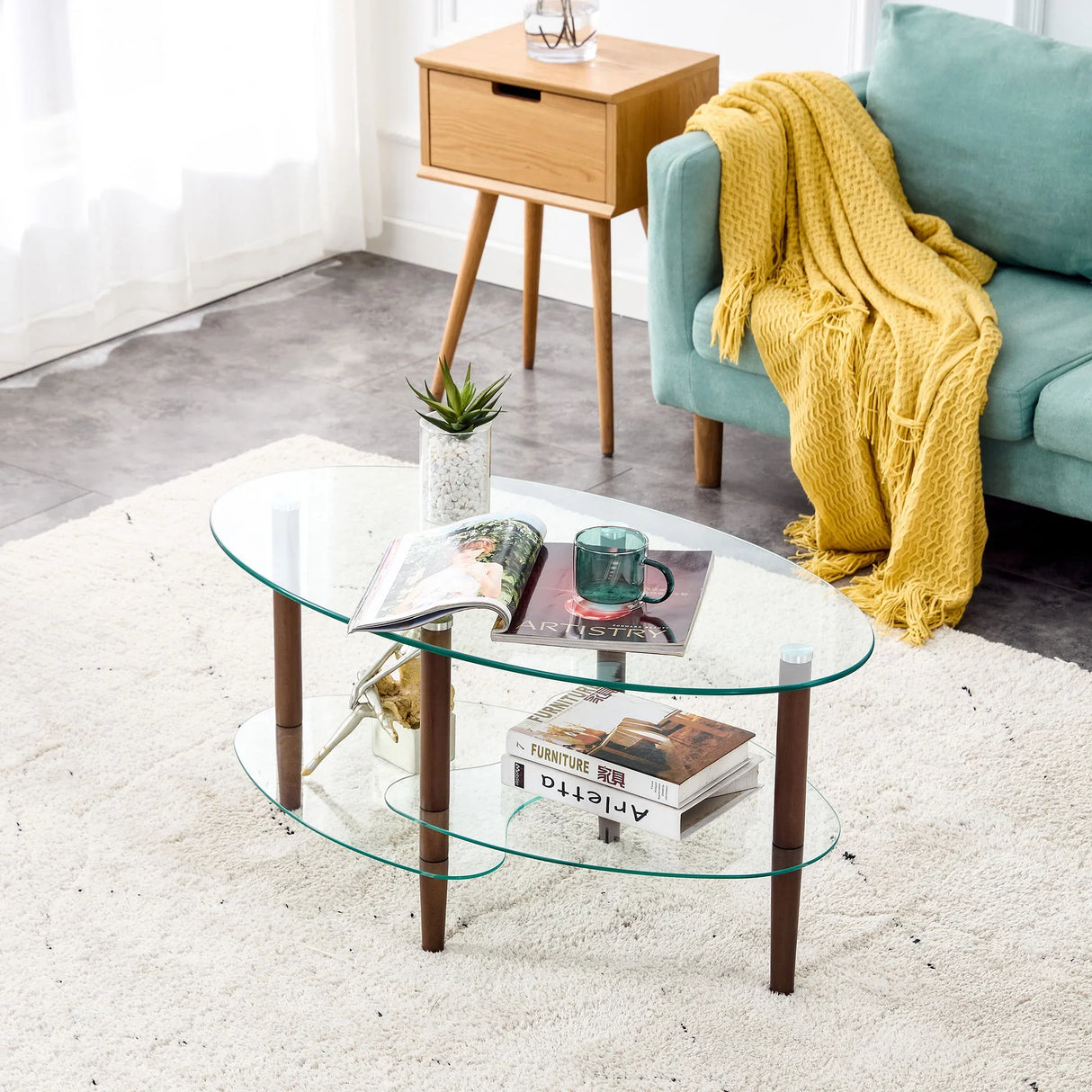 Transparent Oval Glass Coffee Table, Modern Table In Living Room Oak Wood Leg Tea Table 3-Layer Glass Table - Furniture Home Direct