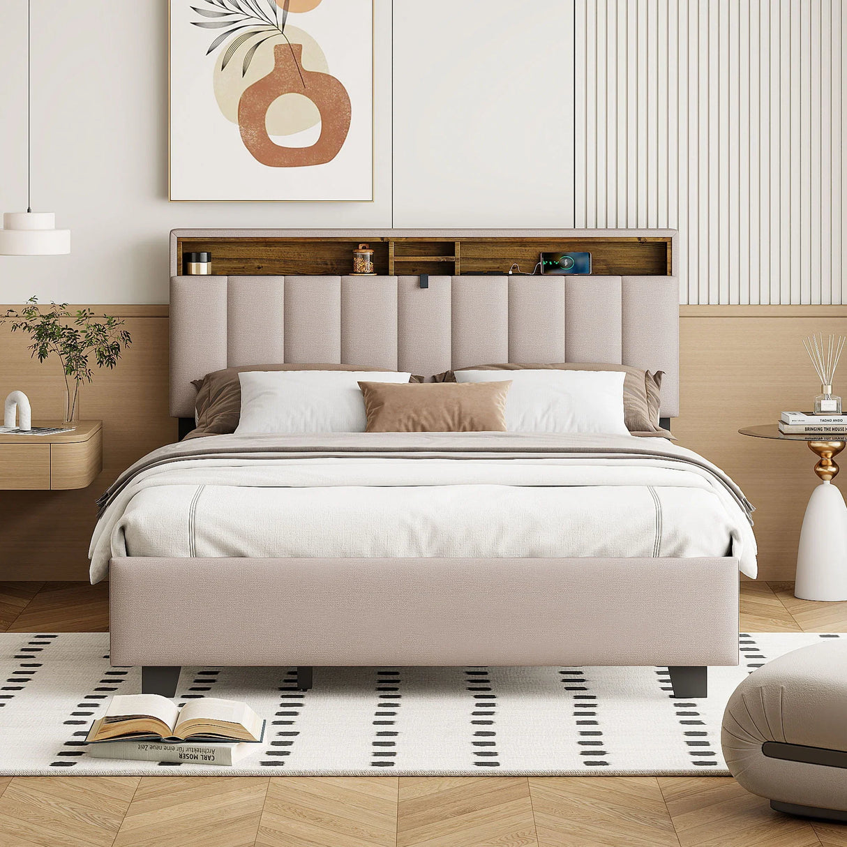 Upholstered Platform Bed With Storage Headboard, Trundle & 2 Drawers And A Set Of Sockets & USB Ports - Furniture Home Direct