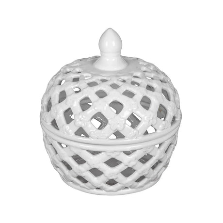 Ceramic Lidded Jar With Lattice Design - White - Furniture Home Direct