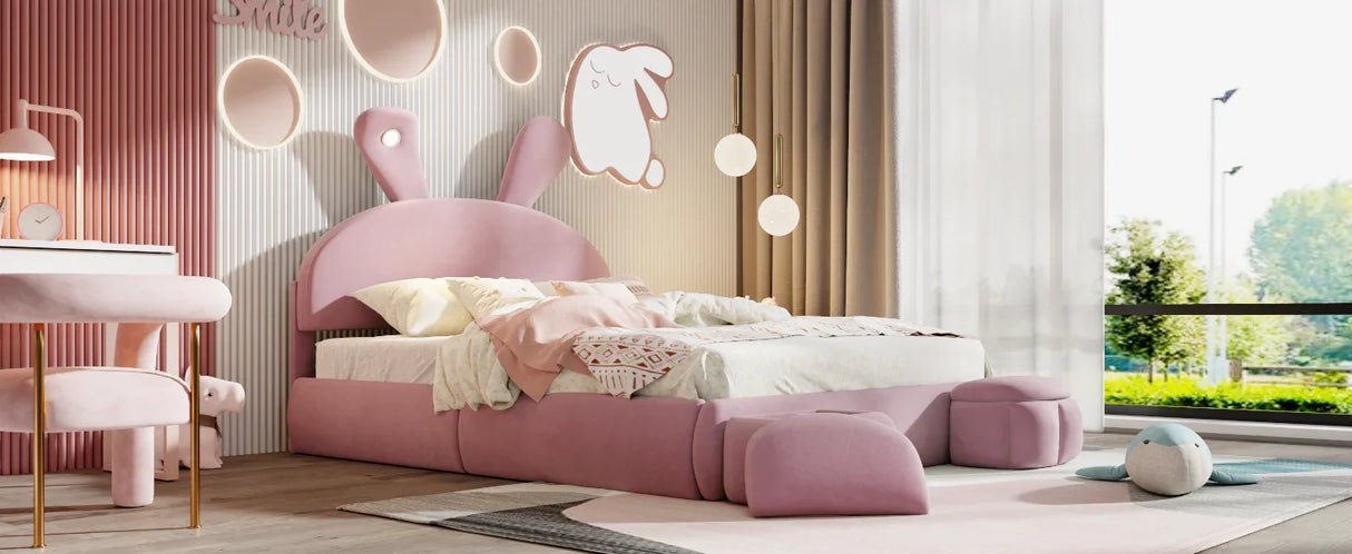 Full Size Upholstered Platform Bed with Cartoon Ears Shaped Headboard and Light, Pink - Furniture Home Direct