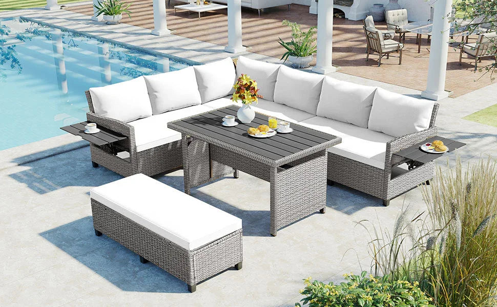 Outdoor Rattan Sectional With 2 Extendable Side Tables and Washable Covers - Furniture Home Direct