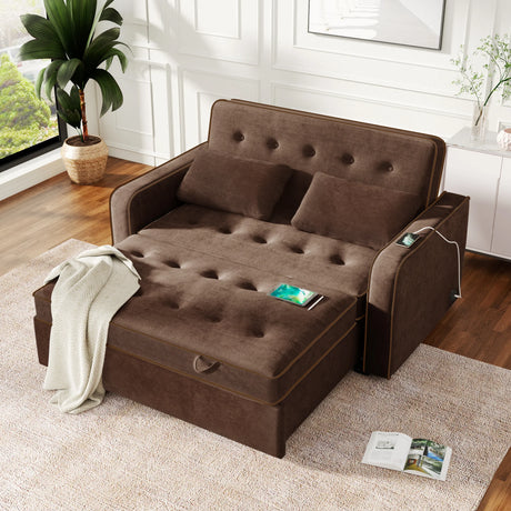 66.5" Upholstered Loveseat With Pull Out Bed, Two Throw Pillows, Dual USB Charging Port and Adjustable Backrest - Brown - Furniture Home Direct