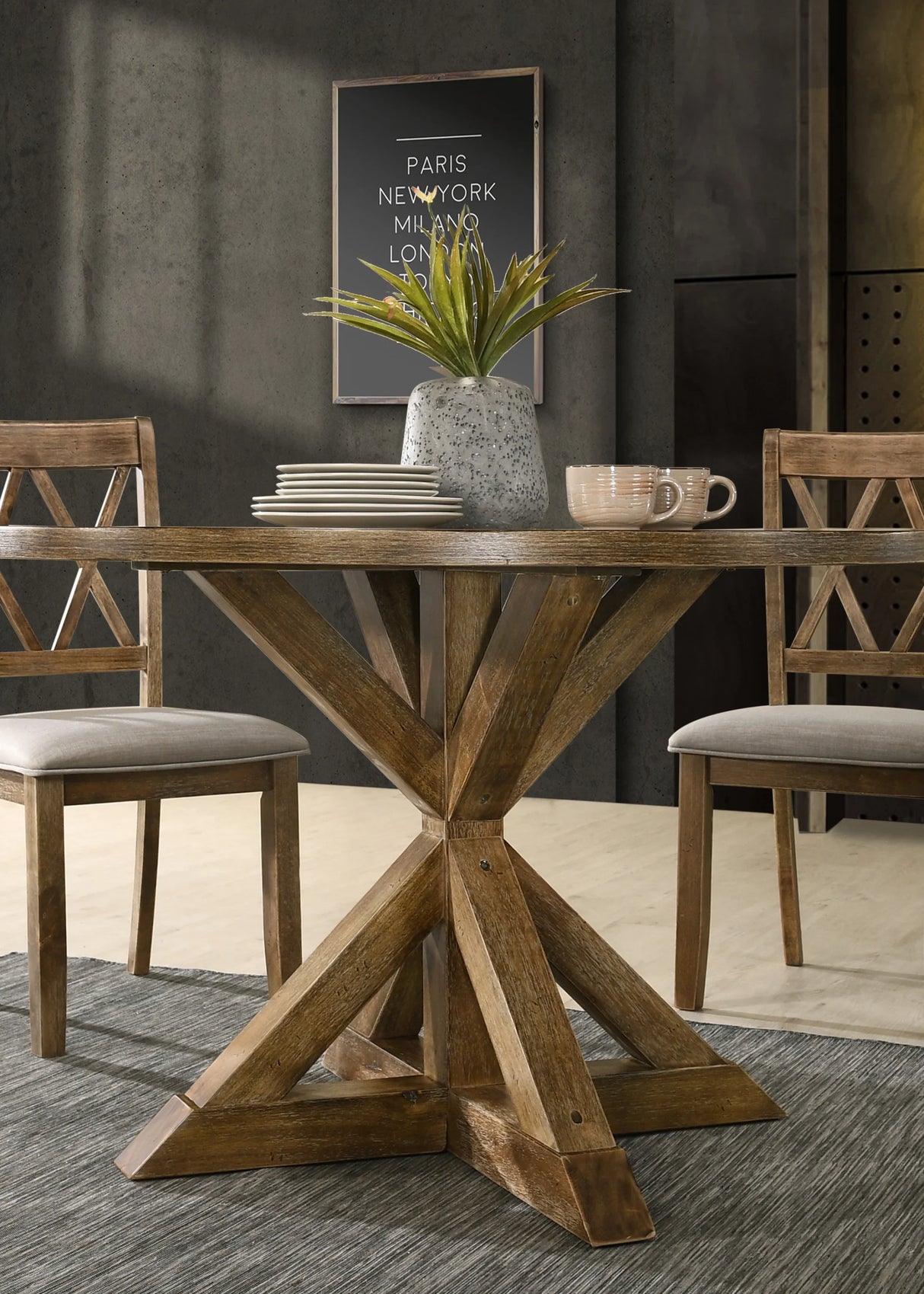 Dining Set Round Solid Wood Table Crossback Chairs Brown - Furniture Home Direct