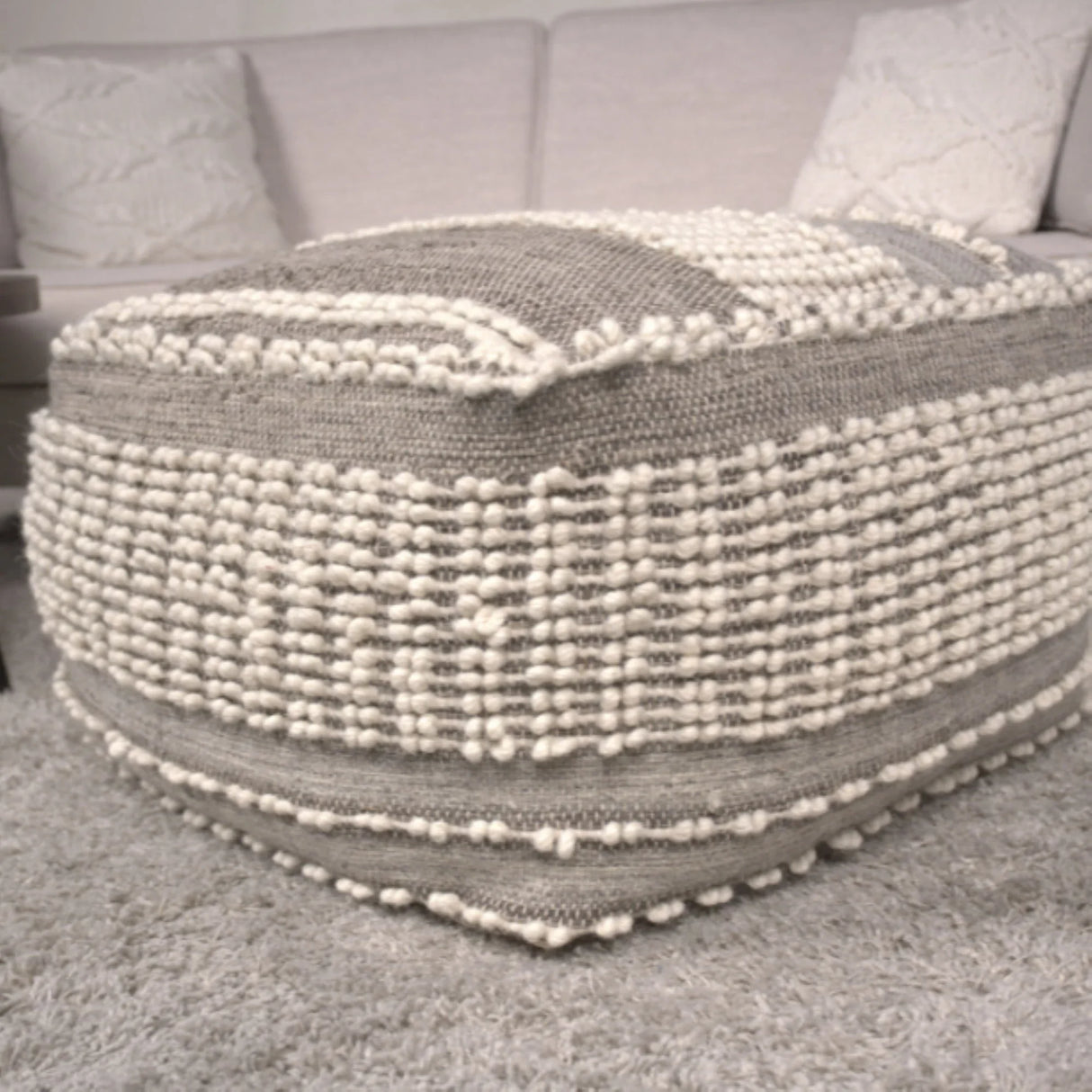 Rustic Wool And Cotton Large Pouf, Handcrafted Tufted Design - Brown / Beige - Furniture Home Direct