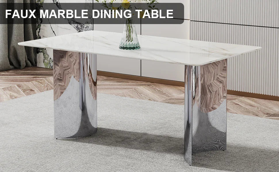 Dining Table Modern Faux Marble Top Chrome Base White - Furniture Home Direct