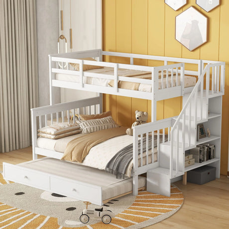 Bunk Bed With Twin Size Trundle, Storage And Guard Rail For Bedroom - Furniture Home Direct