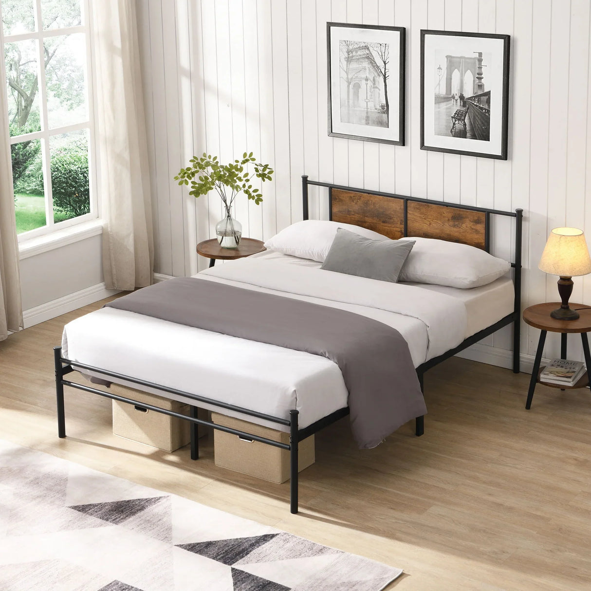 ModerMetal Bedframe With Wood Panel Headboard - Furniture Home Direct