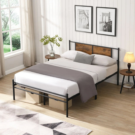 ModerMetal Bedframe With Wood Panel Headboard - Furniture Home Direct