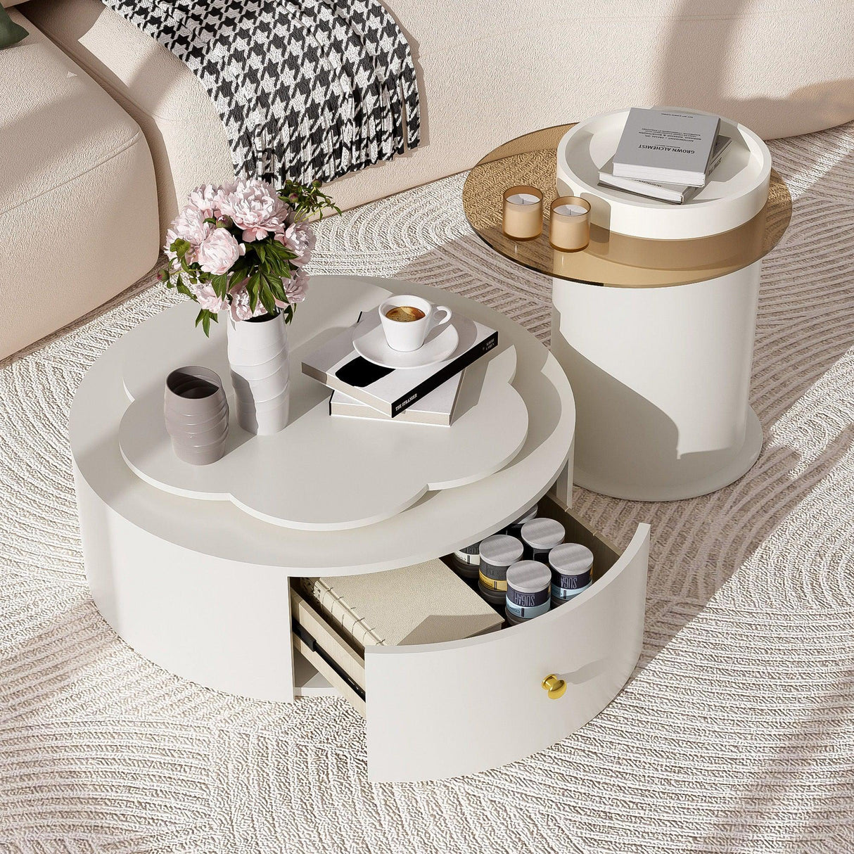 Modern Round Coffee Table (Set of 2), 360 Degree Rotatable Flower Shaped Top With 2 Drawers, Top Circle Side Table End Table With Glass For Living Room - Off White - Furniture Home Direct