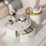 Modern Round Coffee Table (Set of 2), 360 Degree Rotatable Flower Shaped Top With 2 Drawers, Top Circle Side Table End Table With Glass For Living Room - Off White - Furniture Home Direct