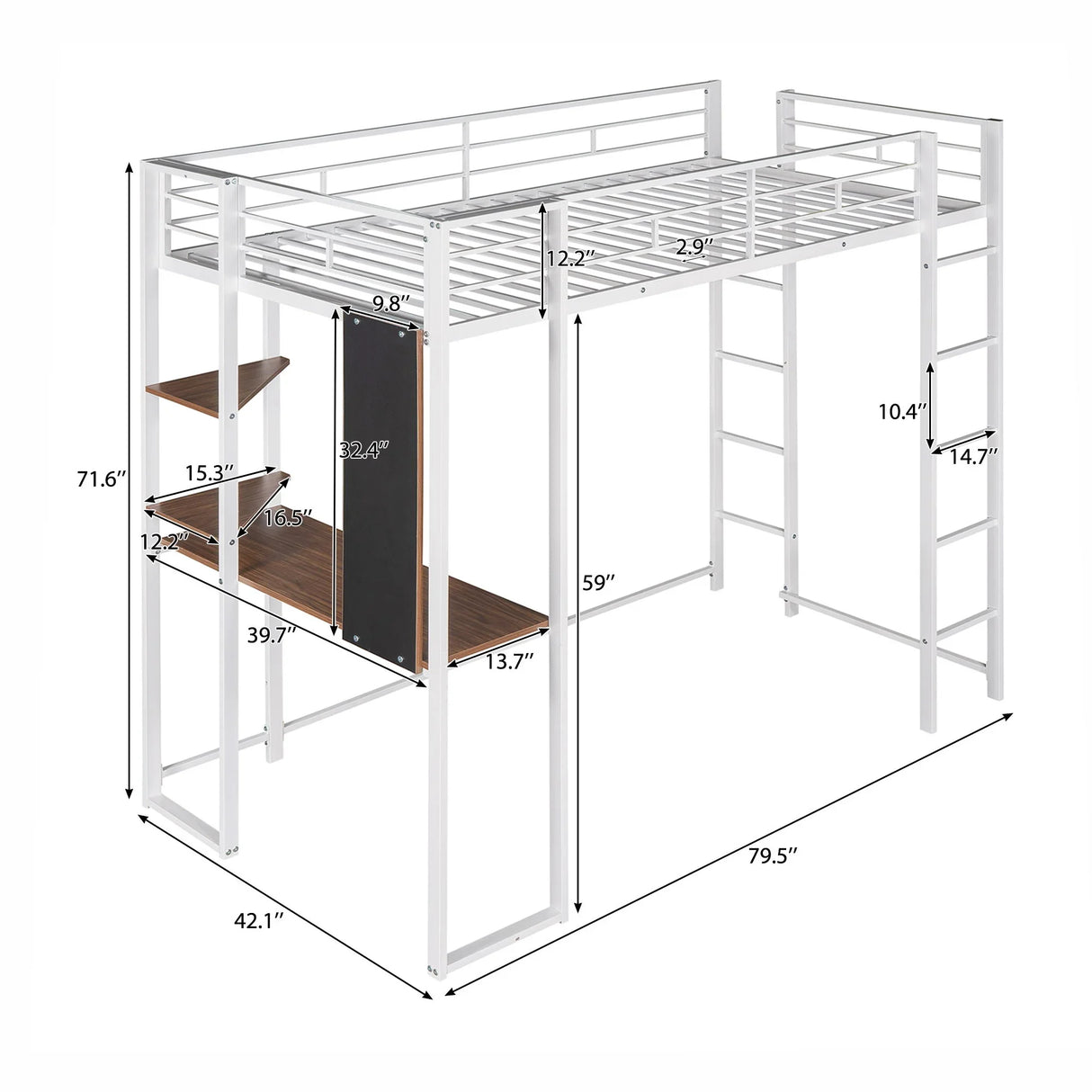 Hearth & Haven - Twin Metal Loft Bed With 2 Shelves And One Desk - White - Furniture Home Direct