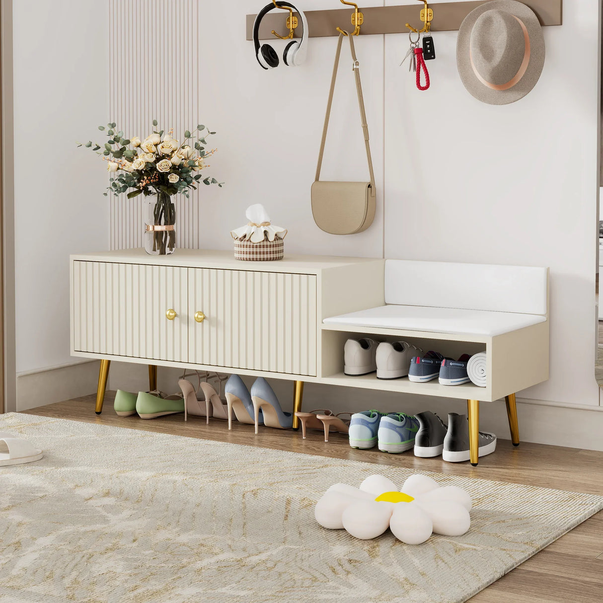 Modern Shoe Storage with Upholstered Cushions - Antique White - Furniture Home Direct