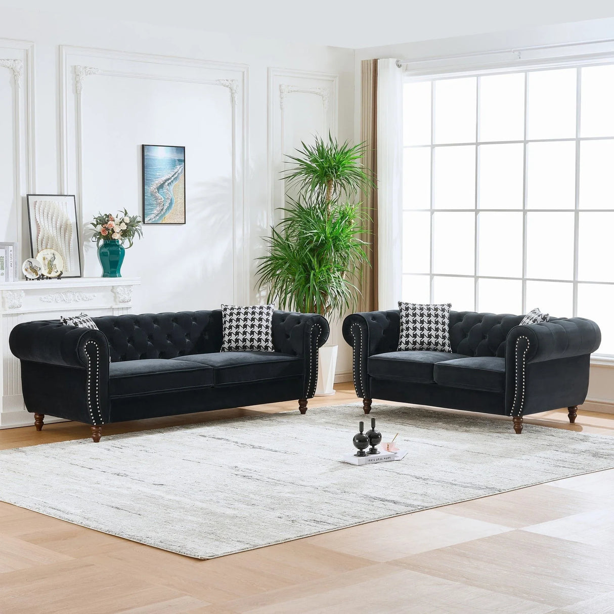 Chesterfield 3 And 2 Seater Velvet Upholstery Sofa With Roll Armrest & Nailhead Fabric Couch - Furniture Home Direct