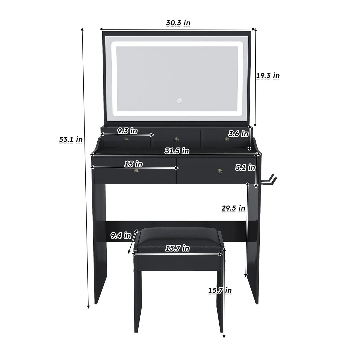 Modern Makeup Vanity Set With Power Outlet, Hair Dryer Holder, And Adjustable Lighting - Furniture Home Direct