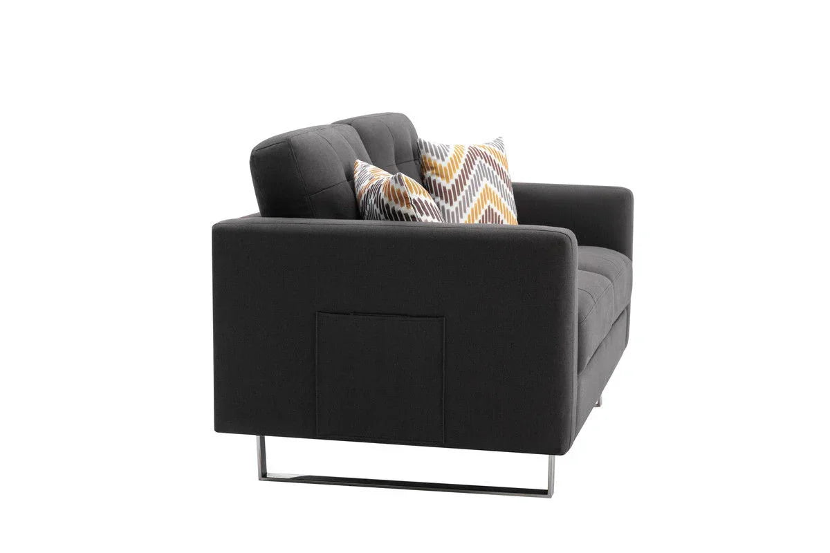Victoria - Linen Fabric Loveseat With Metal Legs, Side Pockets, And Pillows - Furniture Home Direct