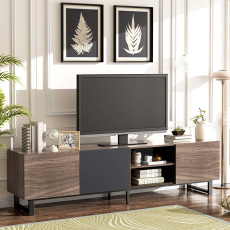 Modern TV With 3 Cabinets & Open Shelves, Color-Matching Media Console Table For Tvs Up To 80'', Entertainment Center With Drop Down Door For Living Room - Dark Brown - Furniture Home Direct
