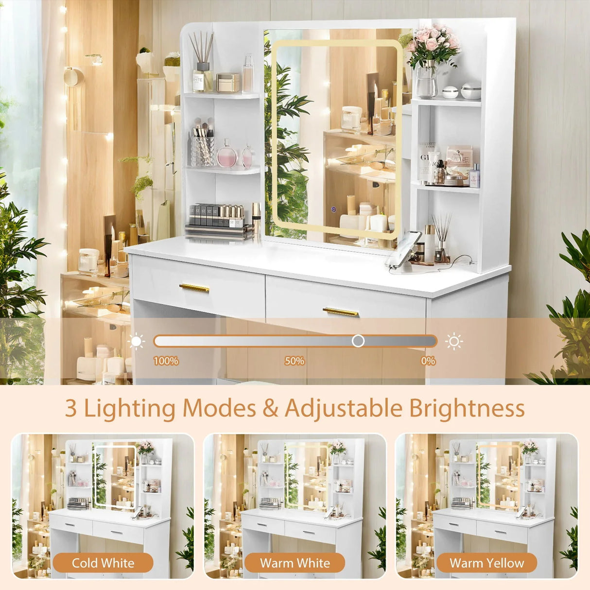 Vanity Desk With Mirror And LED Lights 3 Lighting Modes And Power Outlet 2 Spacious Drawers And Stool - White - Furniture Home Direct