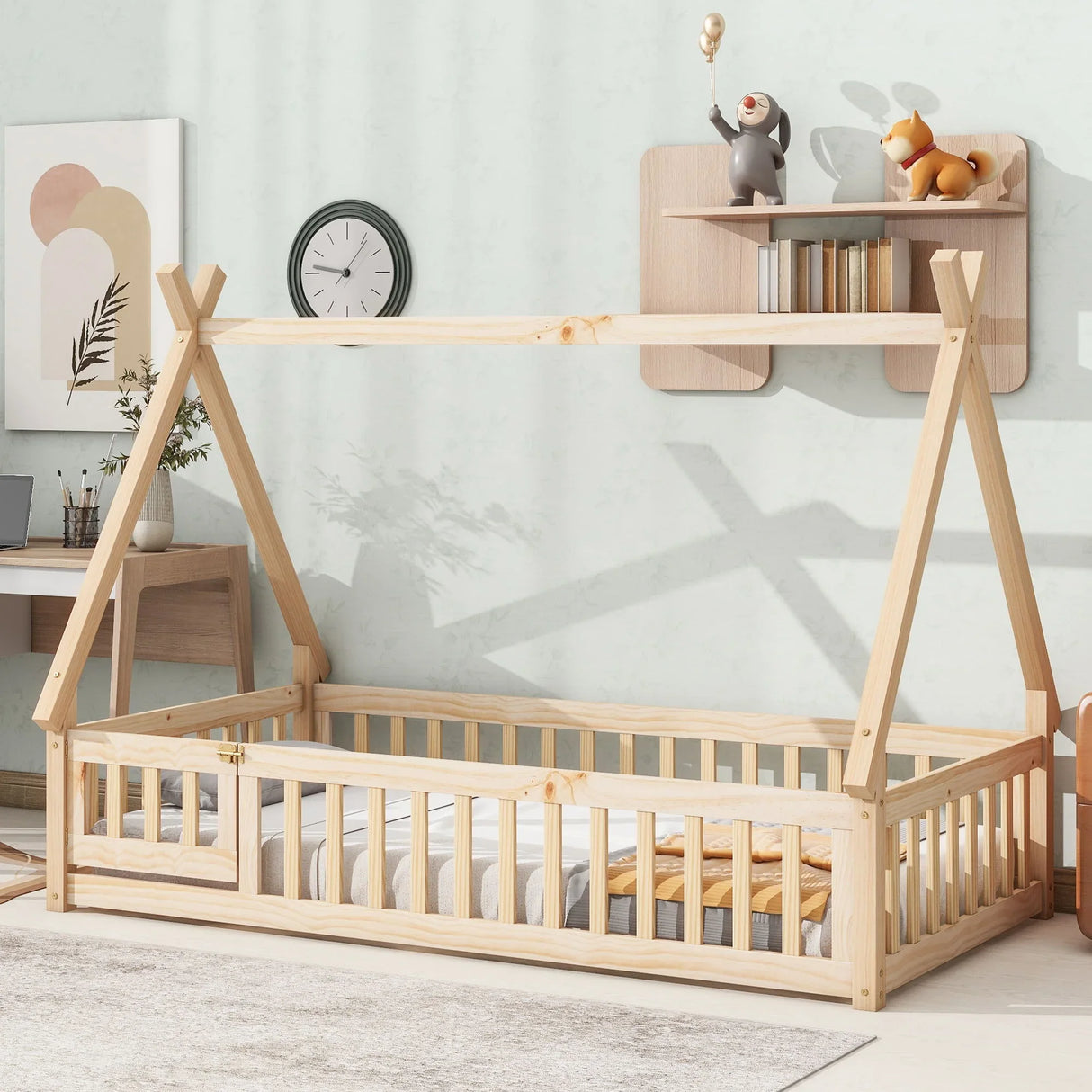 Tent-Shaped Floor Bed, With Guardrails, Slats, Door - Furniture Home Direct