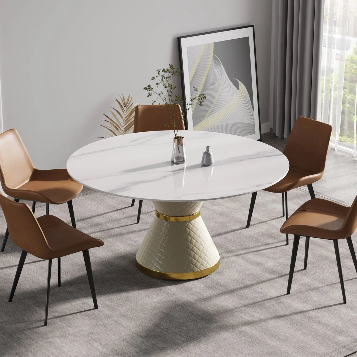 Modern Artificial Stone Round Carbon Steel Base Dining Table, Can Accommodate 6 People - Furniture Home Direct