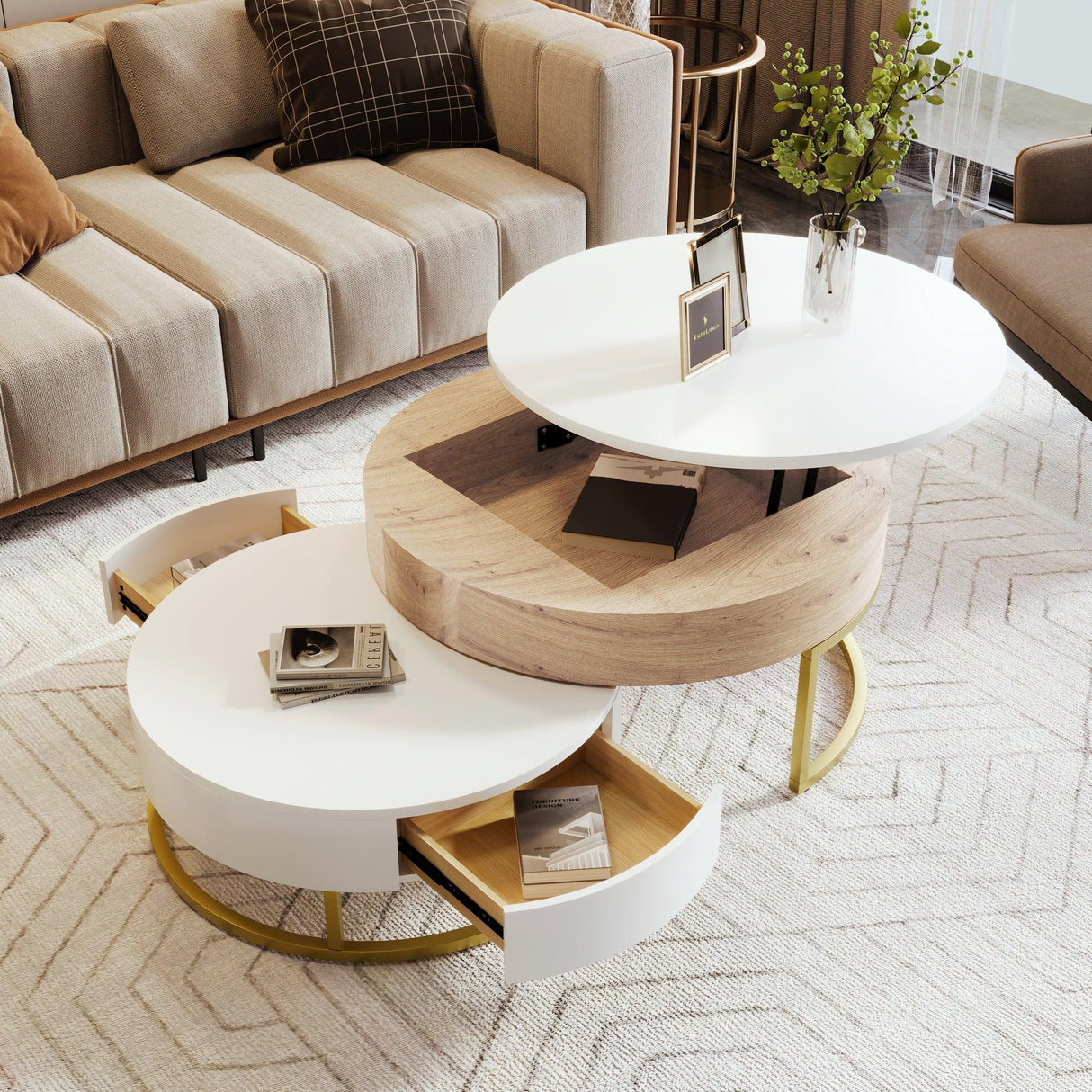 Nesting Coffee Tables Lift Top With 2 Drawers White Natural - Furniture Home Direct