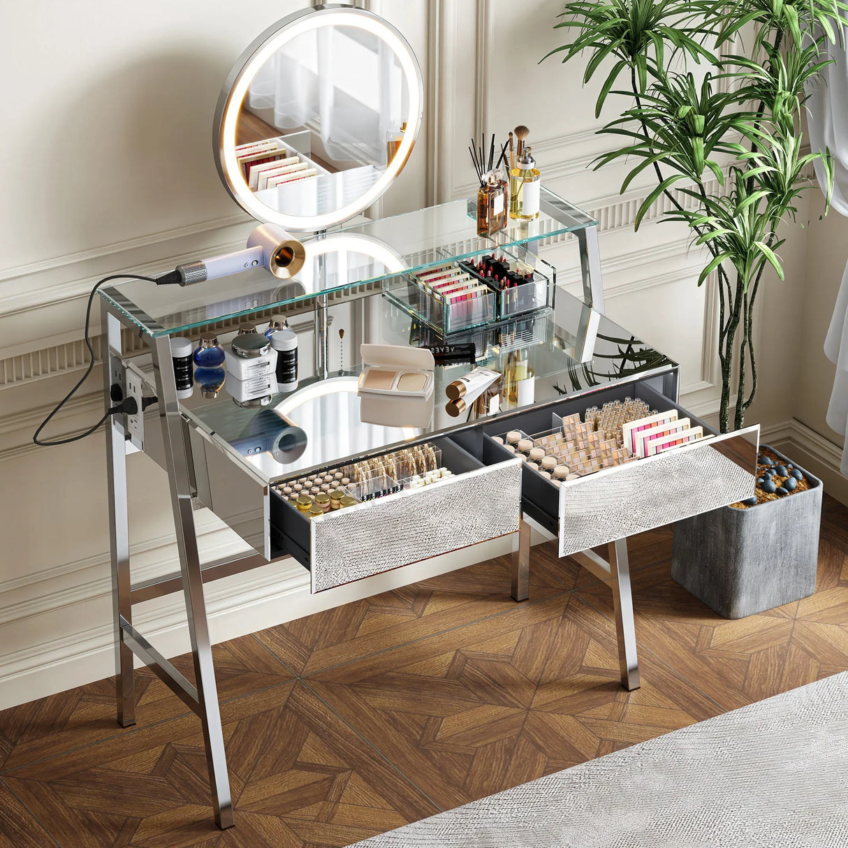 33.9" Mirrored Makeup Vanity Desk With Mirror And Lights, Mirrored Console Vanity Table With 2 Big Drawers & Open Shelf, Dressing Table With Charging Station For Bedroom - Silver - Furniture Home Direct