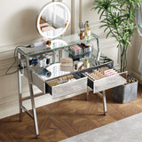 33.9" Mirrored Makeup Vanity Desk With Mirror And Lights, Mirrored Console Vanity Table With 2 Big Drawers & Open Shelf, Dressing Table With Charging Station For Bedroom - Silver - Furniture Home Direct