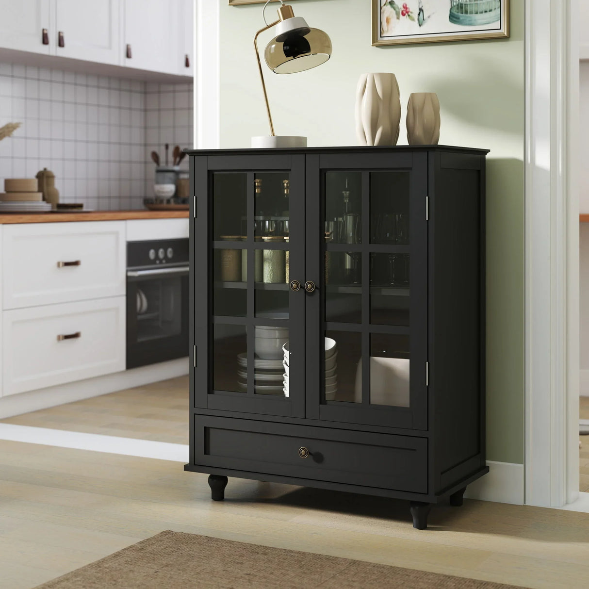 Minimalist Buffet Cabinet With Double Glass Doors And Drawer - Furniture Home Direct