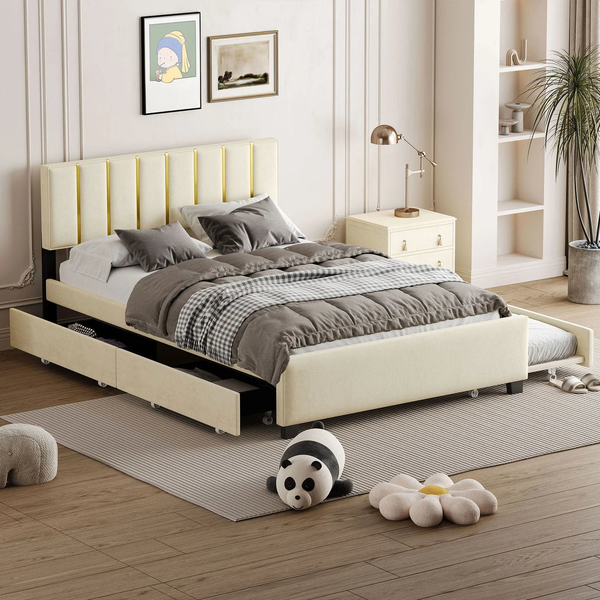 Upholstered Platform Bed With 2 Drawers And 1 Trundle, Classic Strip Headboard Design - Furniture Home Direct