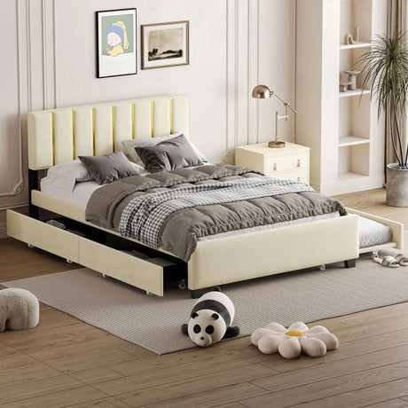 Upholstered Platform Bed With 2 Drawers And 1 Trundle, Classic Strip Headboard Design - Furniture Home Direct