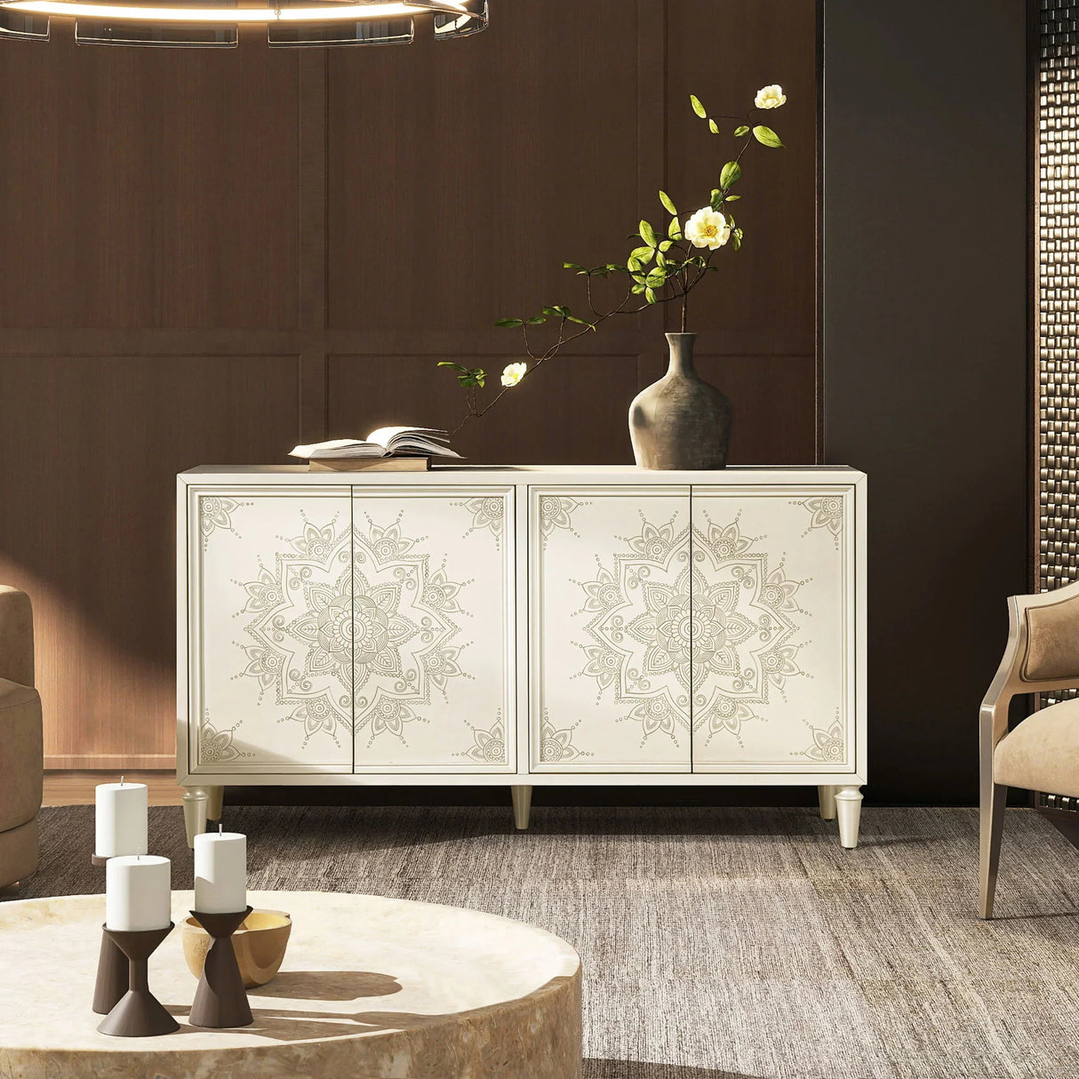 Mahal - Hand Painted Mandala Lacquered Sideboard - Ivory Off-White - Furniture Home Direct