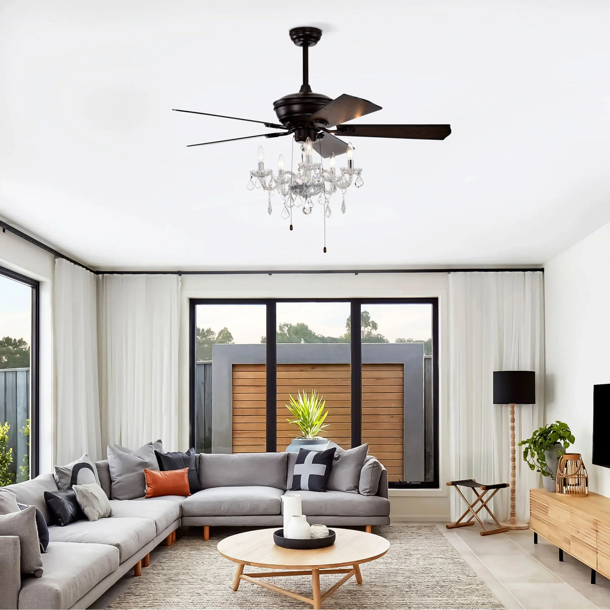52" Crystal Shade Ceiling Fan Lamp, 3 Speed, 4 Timing, 5 Reversible Blades Crystal Ceiling Fan, 5 Pieces X E12 (No Include Bulb), Hand Pull Chain - Matte Black - Furniture Home Direct