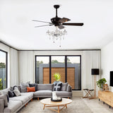 52" Crystal Shade Ceiling Fan Lamp, 3 Speed, 4 Timing, 5 Reversible Blades Crystal Ceiling Fan, 5 Pieces X E12 (No Include Bulb), Hand Pull Chain - Matte Black - Furniture Home Direct