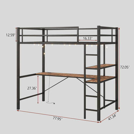 Space Saving Twin Size Loft Bed With L Shaped Desk, Shelves, Charging Station, Led Lights - Brown - Furniture Home Direct