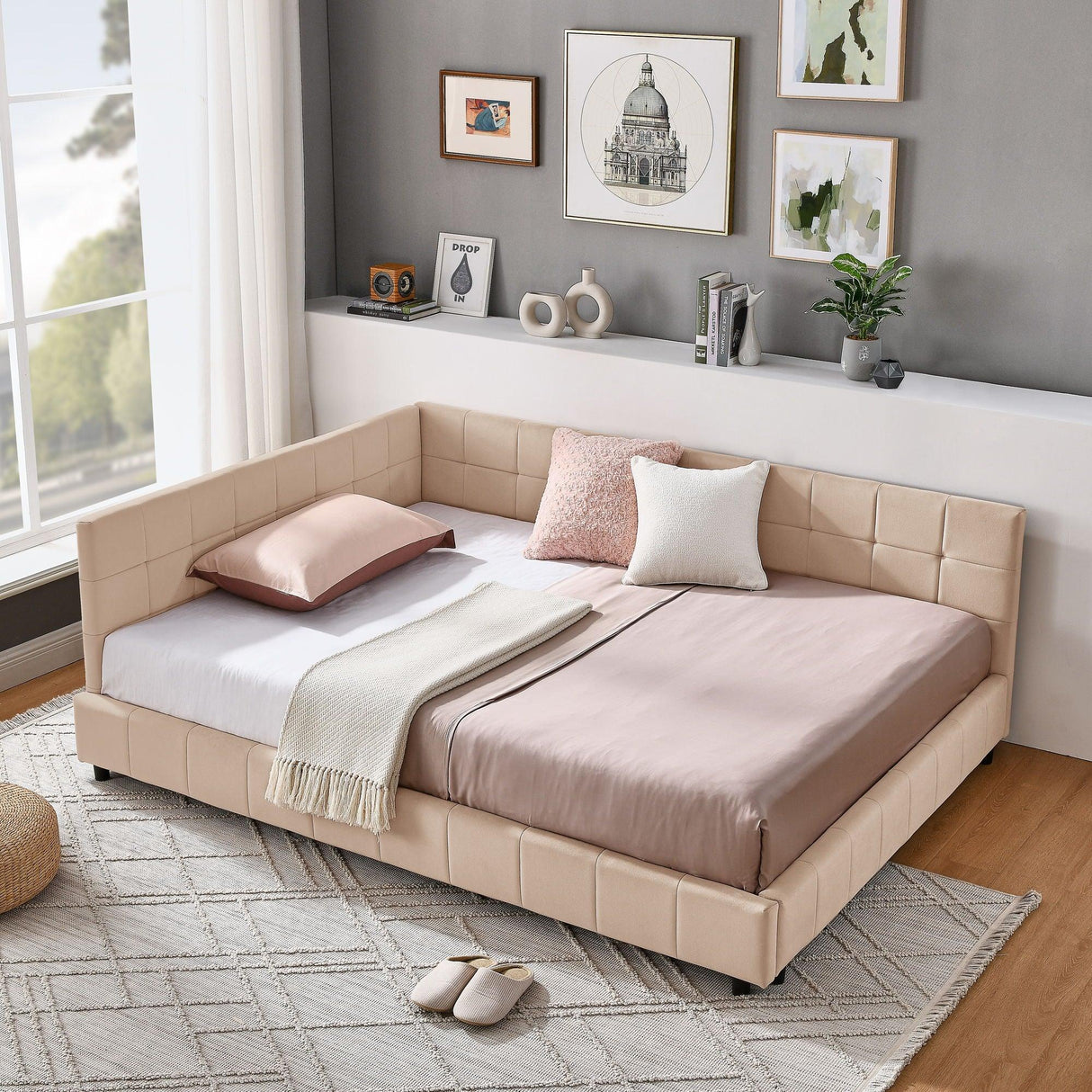 Mid-Century Storage Upholstered Tufted Bed Frame With Backrest And Armrests - Furniture Home Direct