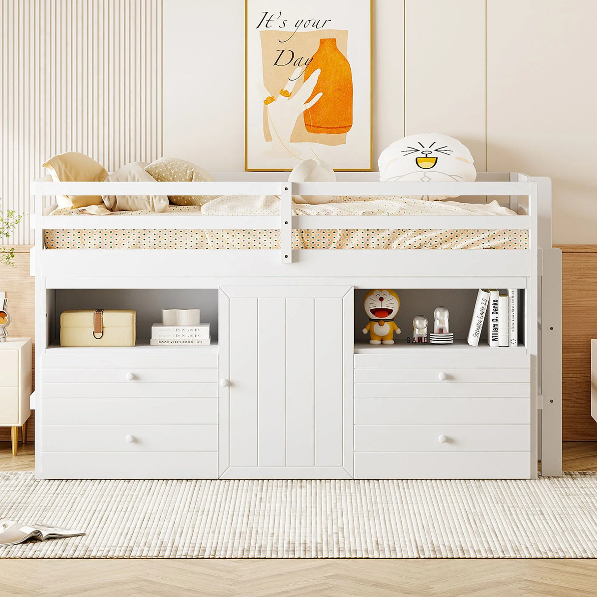 Loft Bed With 4 Drawers, Underneath Cabinet And Shelves - Furniture Home Direct