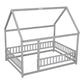 Floor Wooden Bed With House Roof Frame, Fence Guardrails - Furniture Home Direct