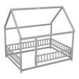 Floor Wooden Bed With House Roof Frame, Fence Guardrails - Furniture Home Direct