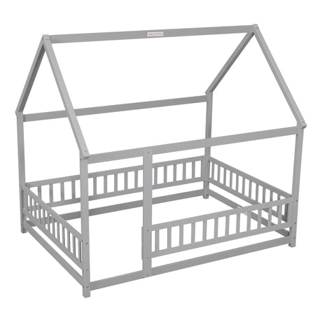 Floor Wooden Bed With House Roof Frame, Fence Guardrails - Furniture Home Direct