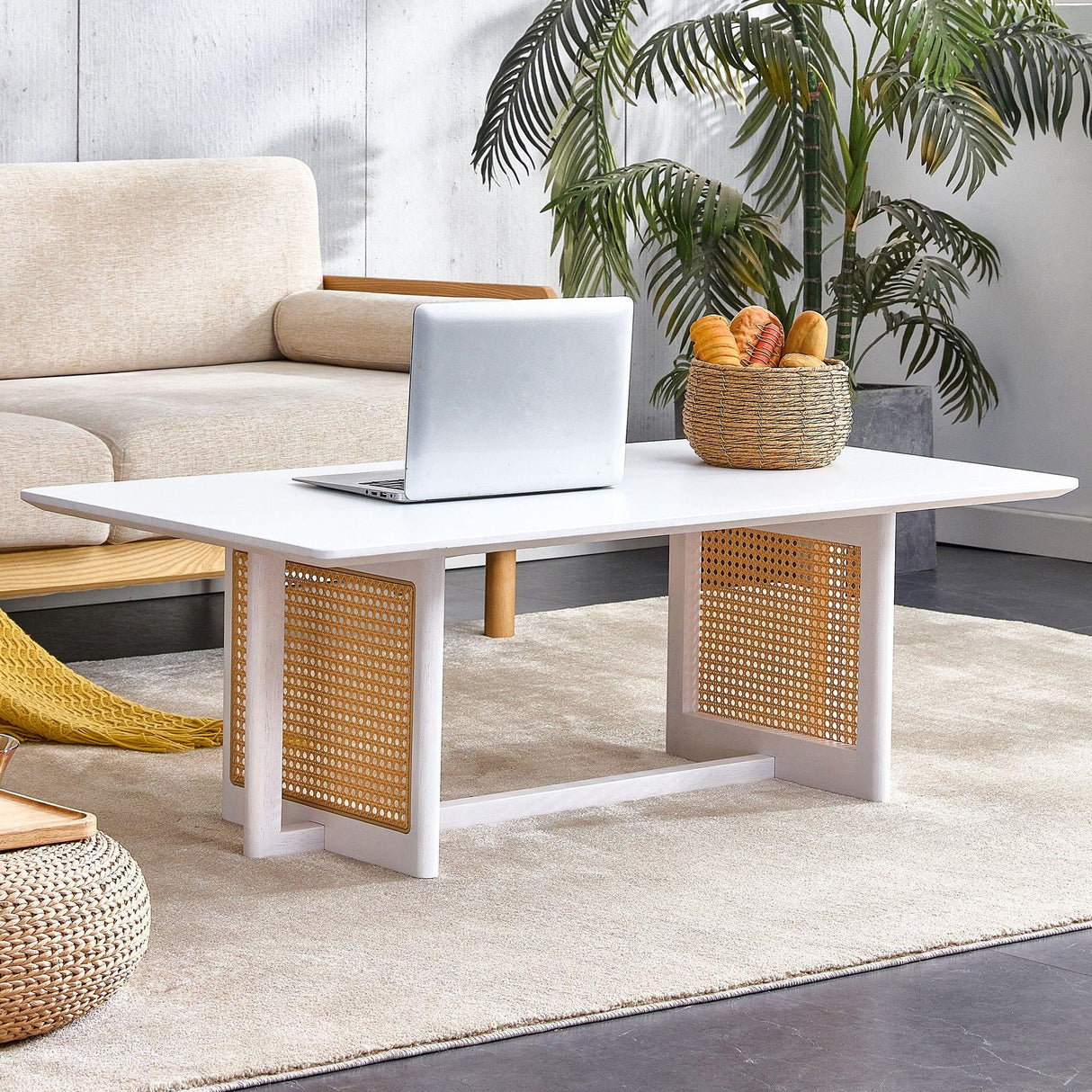 Chinese Style White Solid Wood And Imitation Rattan Coffee Table - Furniture Home Direct