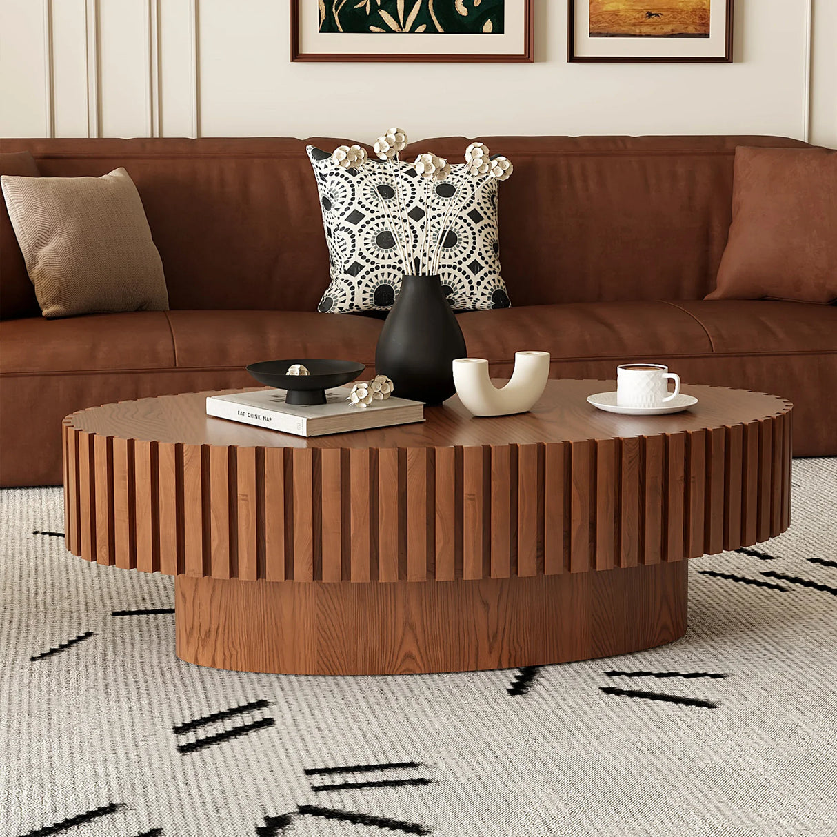 Coffee Table Oval Wood Slatted Rivet Detail Modern Brown - Furniture Home Direct
